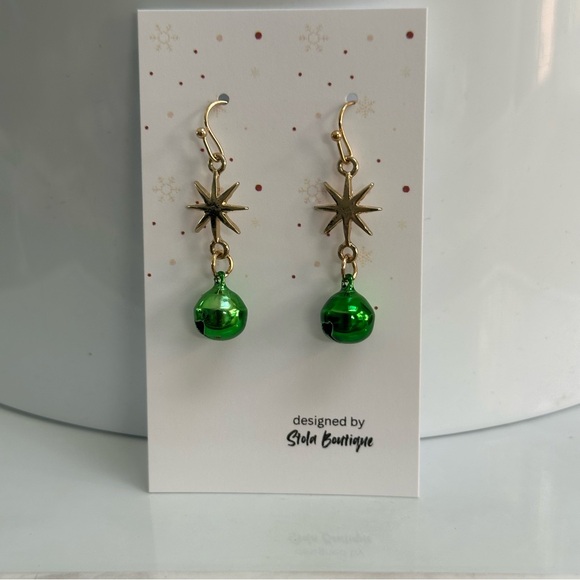 Gold Star and Green Bell Christmas Holiday Dangle Earrings - Picture 4 of 7